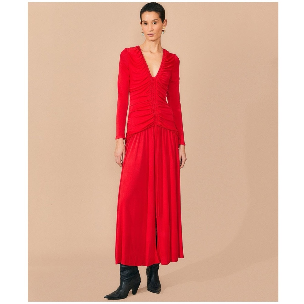 FARM Rio Red Long Sleeve Ruched Midi Dress